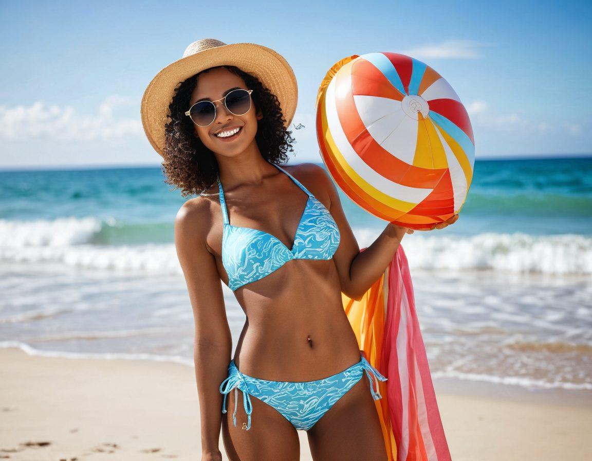 A confident woman of diverse ethnicity in a stylish bikini, playfully posing on a sunlit beach. Surround her with beach accessories like a colorful beach ball, sunglasses, and a straw hat, emphasizing a lively beach atmosphere. Create an inviting ocean background with gentle waves and a bright, clear sky. Highlight vibrant swimwear patterns for visual appeal. super-realistic. vibrant colors. bright background.